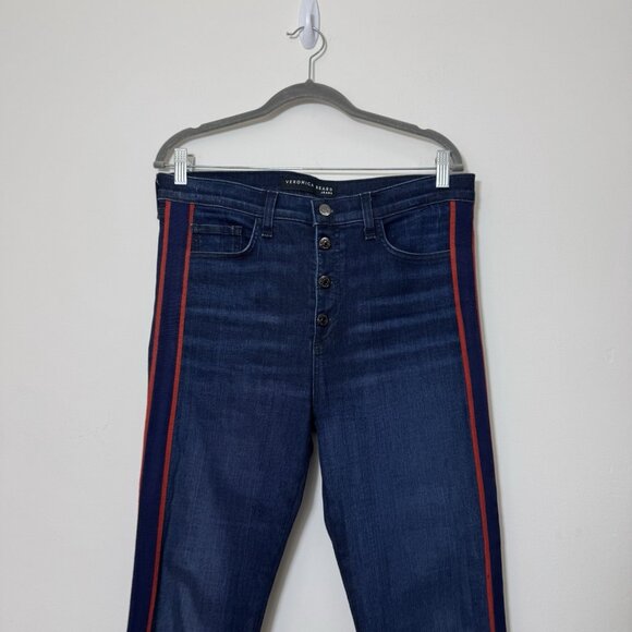 VERONICA BEARD Women’s Carolyn Baby Boot Jeans Size 32 Button Fly Red Striped - Picture 2 of 7